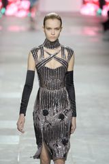 Peter Pilotto Fall 2012 Turtleneck Knee Length Beaded Dress With See-Through Panels, Separate Sleeves,  Cut-Outs And Front Slits In Grey 