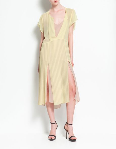 Zara Pleated Dress with Splits in Yellow - Lyst