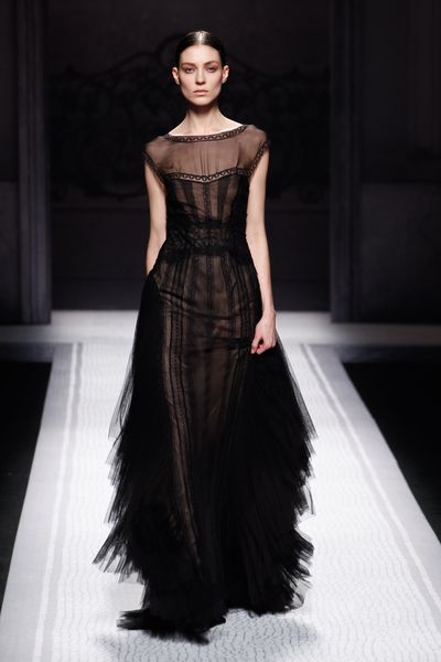 Alberta Ferretti Fall 2012 Ruffle Detail Lace Evening Gown  in Black - Lyst