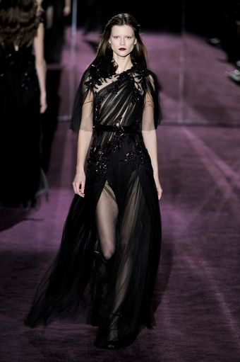 Gucci Fall 2012 Asymmetrical See-Through Embellished Evening Gown With Beading, Cape Sleeves And Layered Maxi Skirt In Black  - Lyst