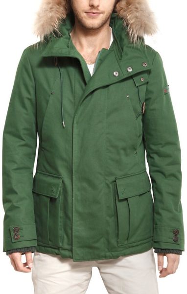 Peuterey Fur Hood Techical Cotton Down Jacket in Green for Men - Lyst