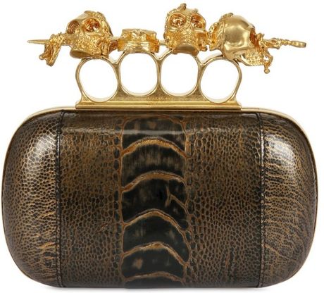 Alexander Mcqueen Knuckle Box Gold Ostrich Clutch in Brown (black) - Lyst