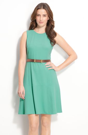 Calvin Klein Belted Dress with Flare Skirt - Lyst
