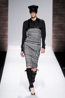 Max Mara Fall 2012 Strapless Knee-Length Fitted Dress in Houndstooth Print with Black Leather Suspenders - Lyst