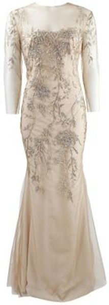 Marchesa Long Sleeve Embroidered Illusion Gown in Beige (nude) - Lyst