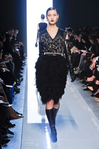 Bottega Veneta Fall 2012 Black Cocktail Dress with Feathered Skirt and Chiffon Sleeveless Bodice with Abstract Applique - Lyst