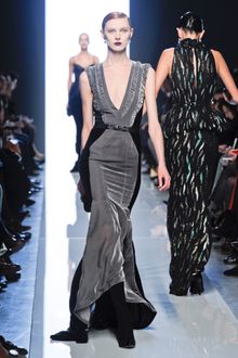 Bottega Veneta Fall 2012 Sleeveless Floor Length Panelled Velvet Gown With Deep Decolletage And Gathered Panels In Grey And Black  - Lyst