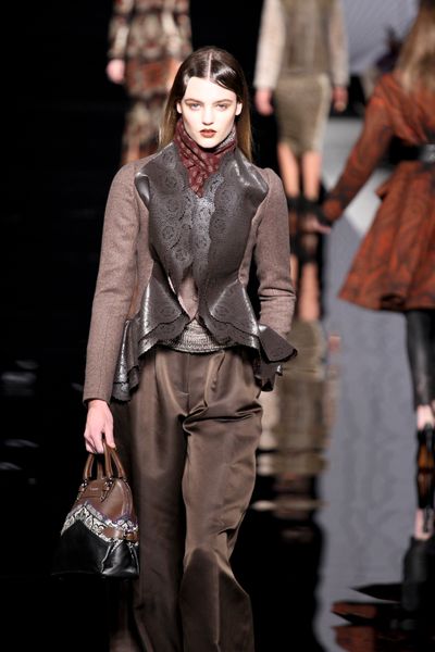 Etro Fall 2012 Short Smart Jacket with Ruffled Leather Front Panels in Brown - Lyst