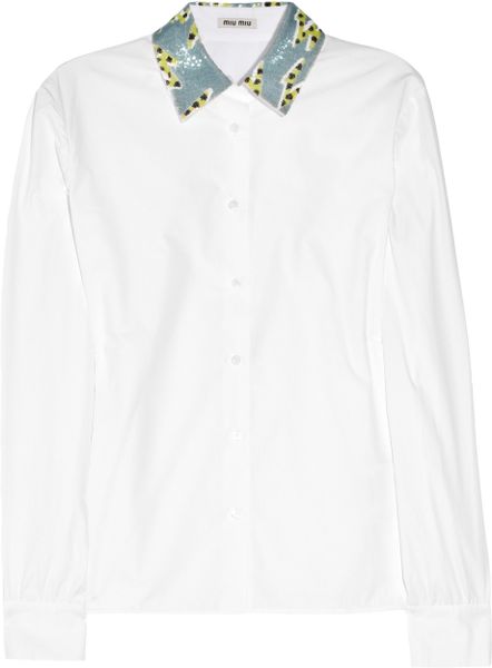 Miu Miu SequinedCollar CottonPoplin Shirt in White - Lyst