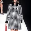 Moschino Fall 2012 Long Black and White Checkered Coat with Velvet Embellished Collar  in Black - Lyst