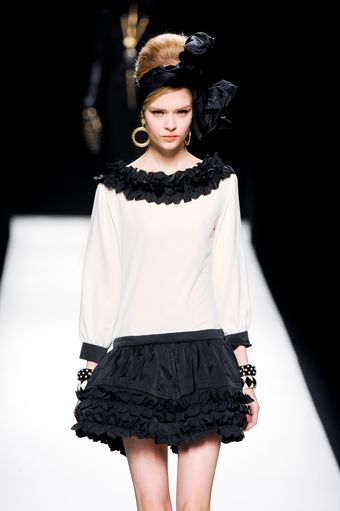 Moschino Fall 2012 Mini Dress with Short Black Ruffled Skirt and White Long Sleeve Bodice  - Lyst