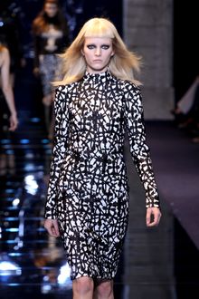 Versace Fall 2012 Long Sleeve Knee Length Turtleneck Pencil Dress With Crucifix Lace In White And Black  - Lyst