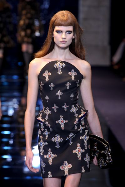 Versace Fall 2012 Strapless Armorlike Corset Mini Dress With Crucifix Prints In Black  in Black - Lyst