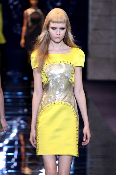 Versace Fall 2012 Short Sleeve Mini Dress With Squared Neckline And Silver Panel In Yellow  in Yellow - Lyst