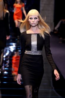 Versace Fall 2012 Long Sleeve Mini Dress In Black With Silver Central Panel  - Lyst
