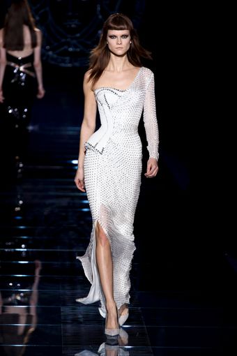 Versace Fall 2012 Asymmetrical Corset Gown With One Long Sleeve And Side Slit In White  - Lyst
