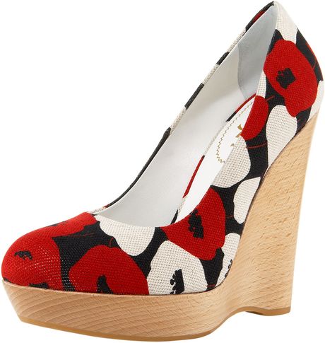 Yves Saint Laurent Poppyprint Canvas Wedge Pump in Red - Lyst