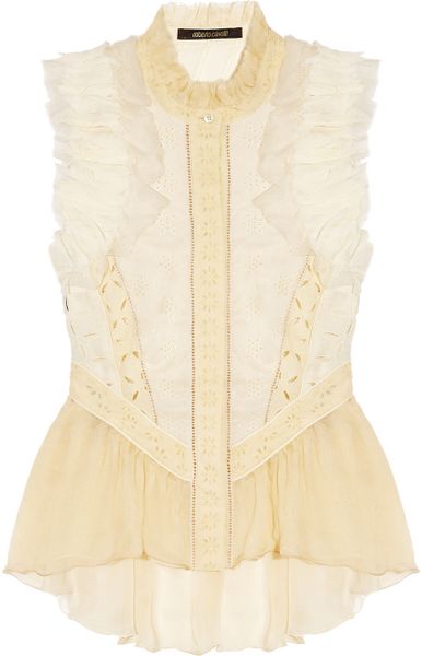 Roberto Cavalli Silkchiffon and Broderie Anglaise Cotton Top in Beige (cream) - Lyst