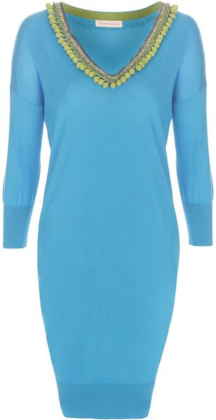 Matthew Williamson Embroidered Silk Knit V Neck Dress in Blue - Lyst