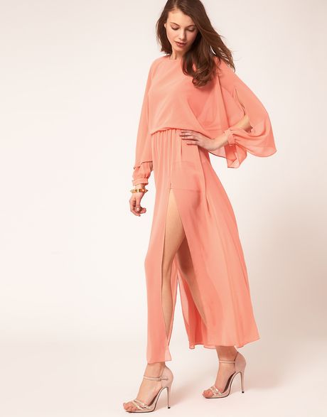 Asos Collection Asos Maxi Dress with Split Thigh in Pink (peach) - Lyst
