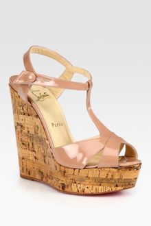 Christian Louboutin Patent Leather T-strap Cork Wedge Sandals - Lyst