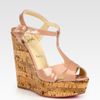 Christian Louboutin Patent Leather Tstrap Cork Wedge Sandals in Brown (nude) - Lyst