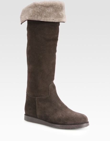 Ferragamo Suede Shearling-lined Knee-high Boots in Brown