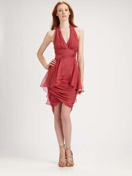 Badgley Mischka Silk Chiffon Halter Dress in Red (nude) - Lyst