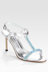 Manolo Blahnik Embellished Metallic Leather T-strap Sandals