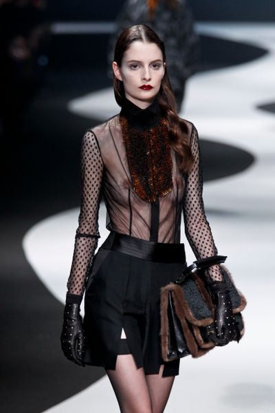 Viktor & Rolf Fall 2012 Sheer Blouse with Polka Dots Sleeves and Animal Trim in Black - Lyst