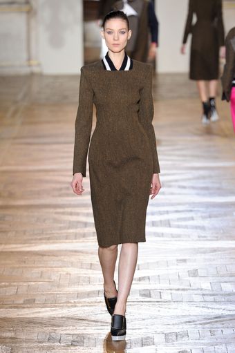 Stella McCartney Fall 2012 Knee-Length Hourglass Shaped Formal Brown Melange Dress with Knitted Collar  - Lyst