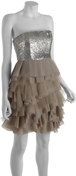 Alice + Olivia Taupe Silk Sequin Bust Mei Tiered Strapless Dress in Brown (taupe) - Lyst