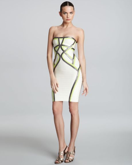 Hervé Léger Strapless Contrast Dress in Beige (bright lime combo) - Lyst