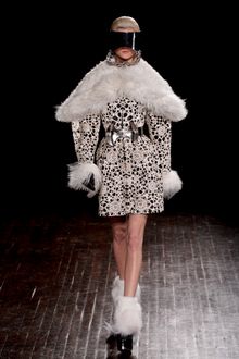 Alexander McQueen Fall 2012 Long Black Leather Coat Endowed with "Doilies" of White Laser-Cut Ponyskin and Mongolian Fur Embellished Sleeves - Lyst