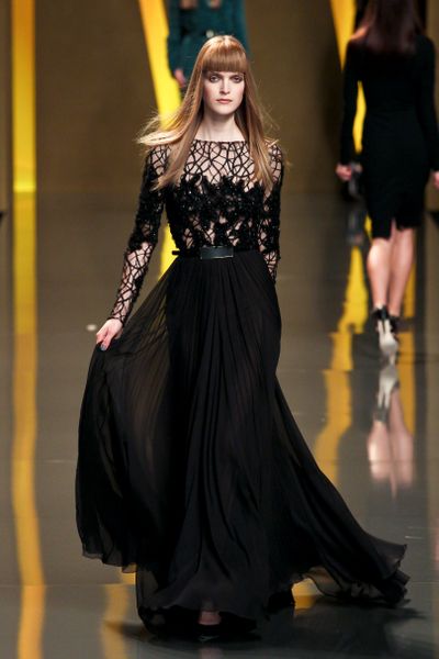 Elie Saab Fall 2012 Sheer Floral/Branch Inset Evening Gown in Black - Lyst