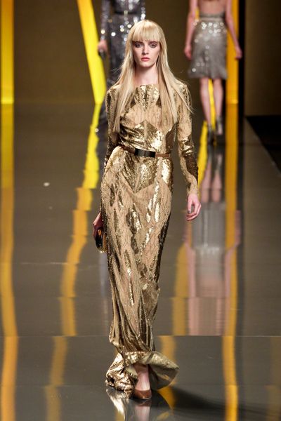 Elie Saab Fall 2012 Sheer Paillette Detail Evening Gown  in Gold - Lyst