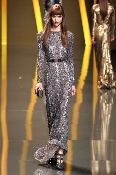 Elie Saab Fall 2012 Sheer Sequin Encrusted Evening Gown  in Silver - Lyst