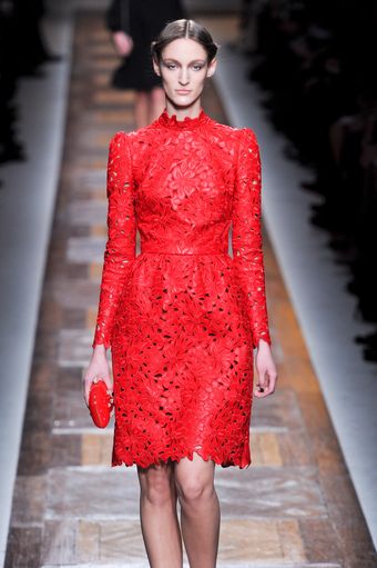 Valentino Fall 2012 Knee-Length Cocktail Cherry-Hued Leather Dress Endowed with Floral Cutout Embellishment - Lyst