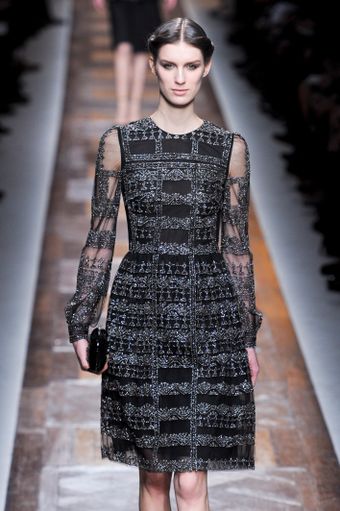 Valentino Fall 2012 Black Dress WIth Silver Embroidery & Sheer Sleeves - Lyst