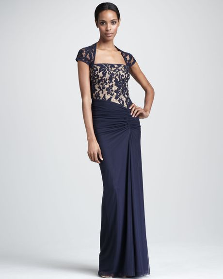 Tadashi Shoji Squareneck Lace Gown in Blue (navy nude) - Lyst