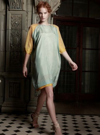  Blue Silk Raglan Dress With Yellow Sleeves 