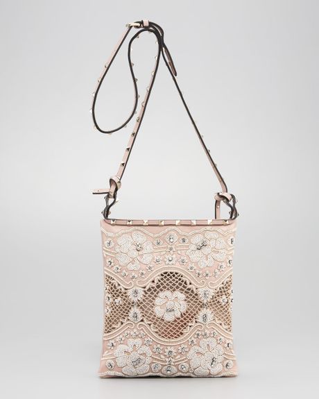 Valentino Rockstud Lace Crossbody Bag in White (ivory)