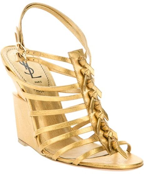 Yves Saint Laurent Wedge Sandal in Gold - Lyst