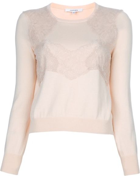 Carven Lace Detail Sweater in Beige (nude) - Lyst