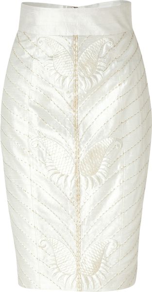 L'wren Scott Cream Art Deco Embroidered Silk Pencil Skirt in Beige (cream) - Lyst