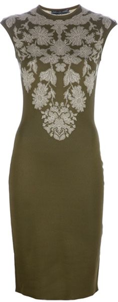 Alexander Mcqueen Intarsia Knit Dress in Khaki - Lyst