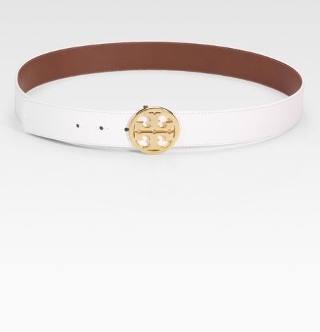 Tory Burch Logo Buckle Leather Belt in White - Lyst