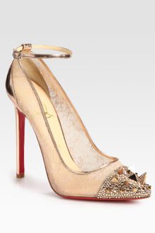 Christian Louboutin Picks Co Crystal Studembellished Lace and Metallic Leather Pumps - Lyst