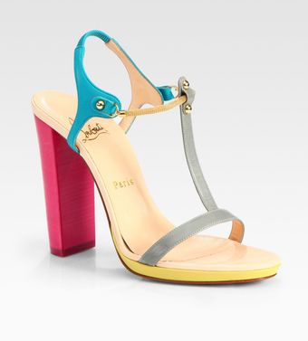  Sylvieta Leather and Chain Colorblock T-strap Sandals 