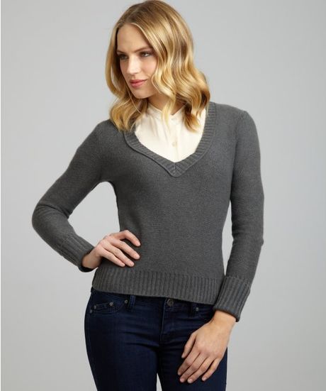 Inhabit Armor Cashmere Insideout Seam Vneck Sweater in Gray (grey) - Lyst